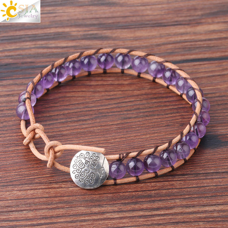 Natural Crystal Beaded Bracelet with Cowhide Rope