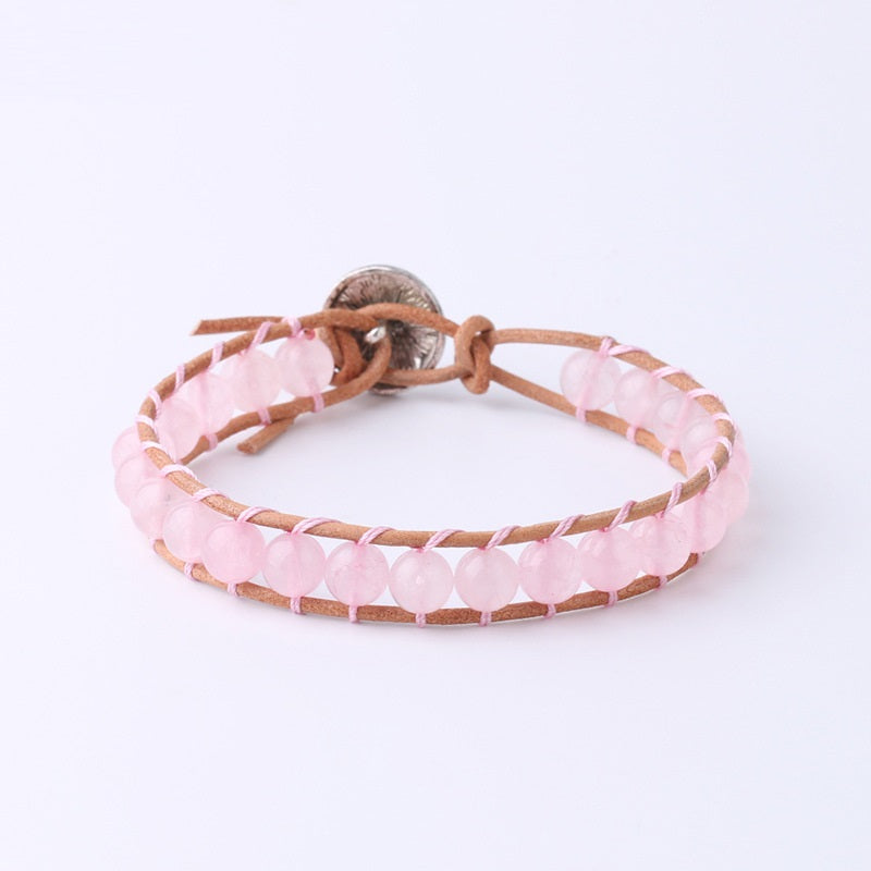 Natural Crystal Beaded Bracelet with Cowhide Rope