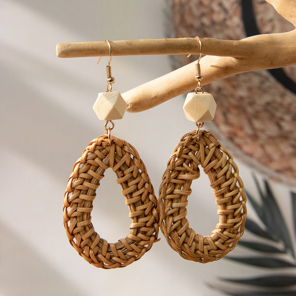 Handwoven Rattan & Wood Drop Earrings