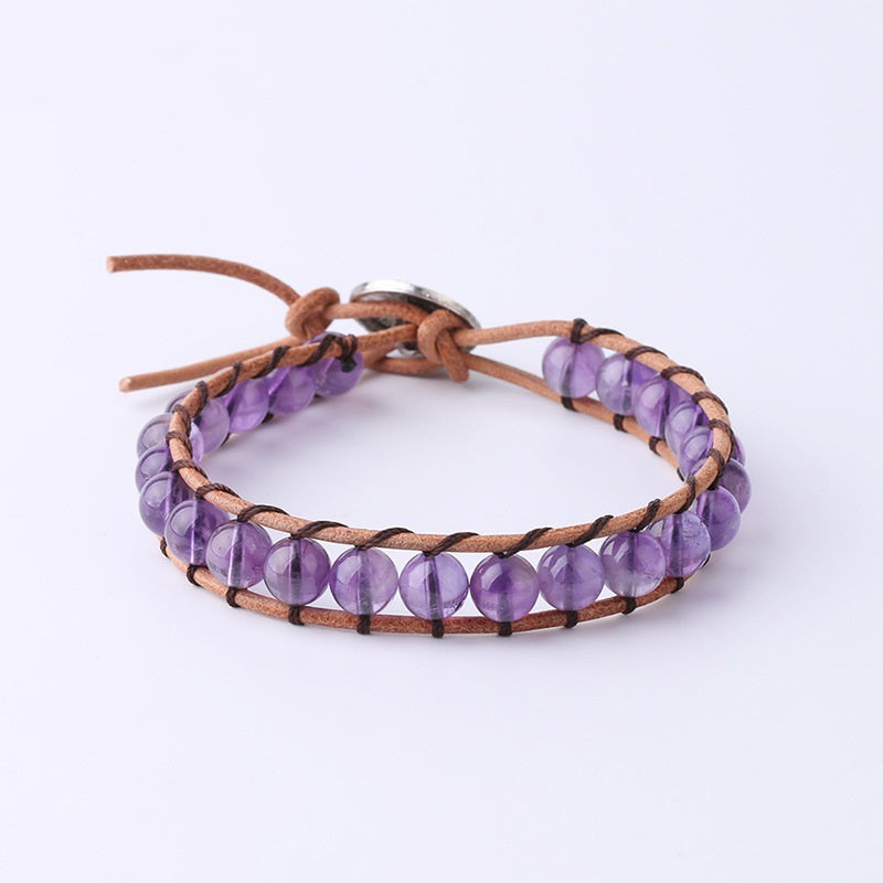 Natural Crystal Beaded Bracelet with Cowhide Rope