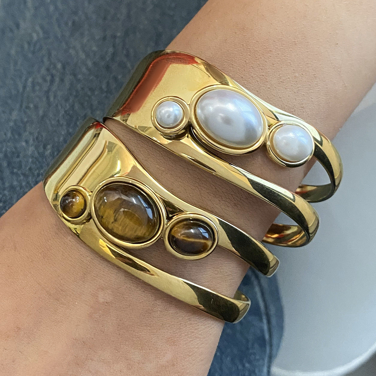 Natural Stone & Pearl Open Bracelet