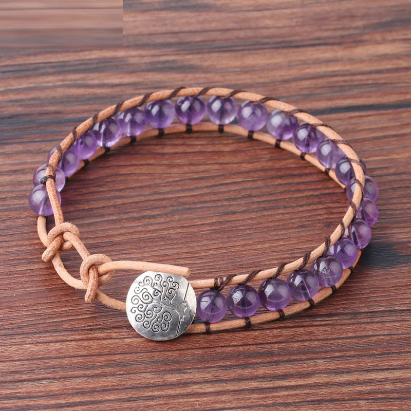 Natural Crystal Beaded Bracelet with Cowhide Rope
