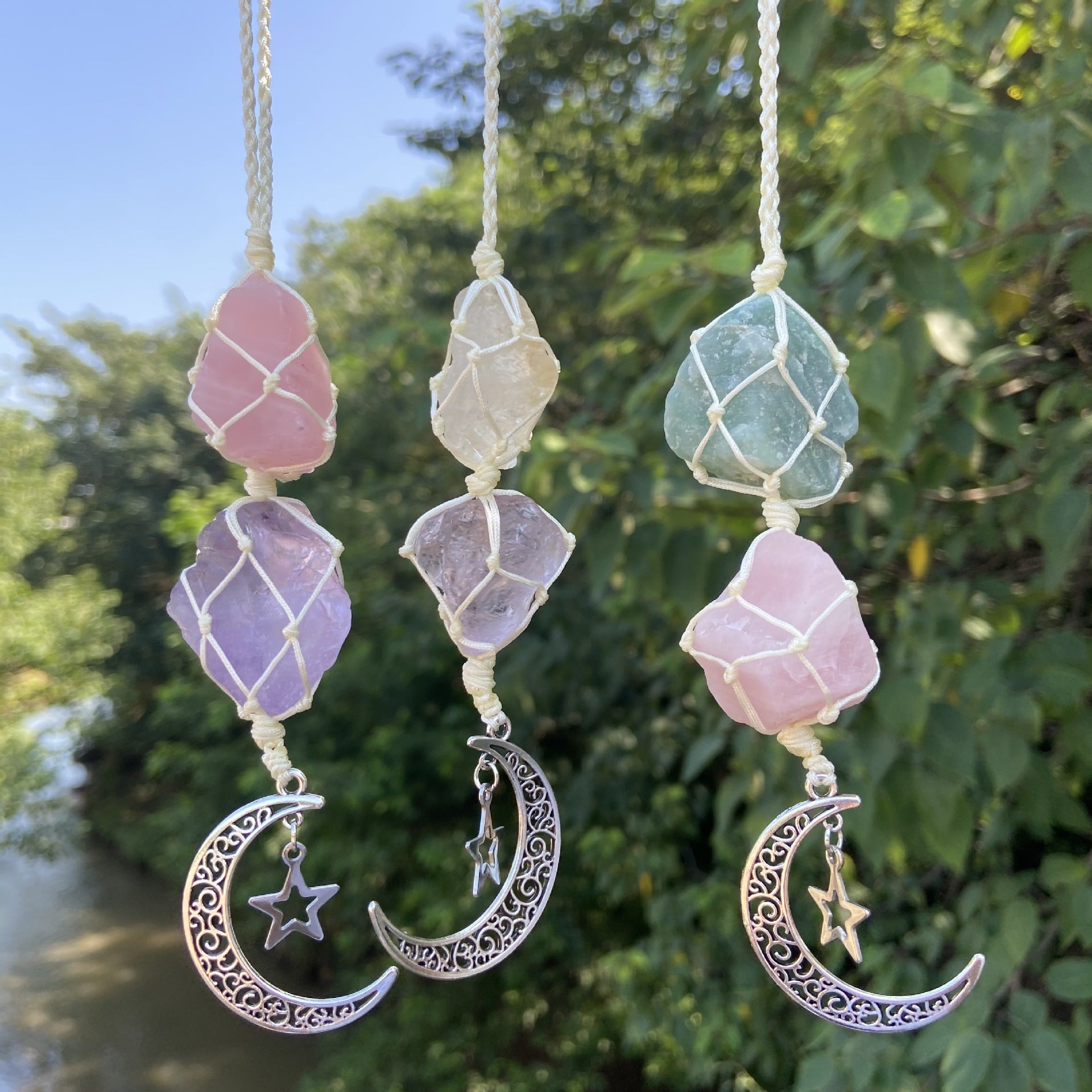 Natural Raw Stone Moon & Star Hanging Ornament