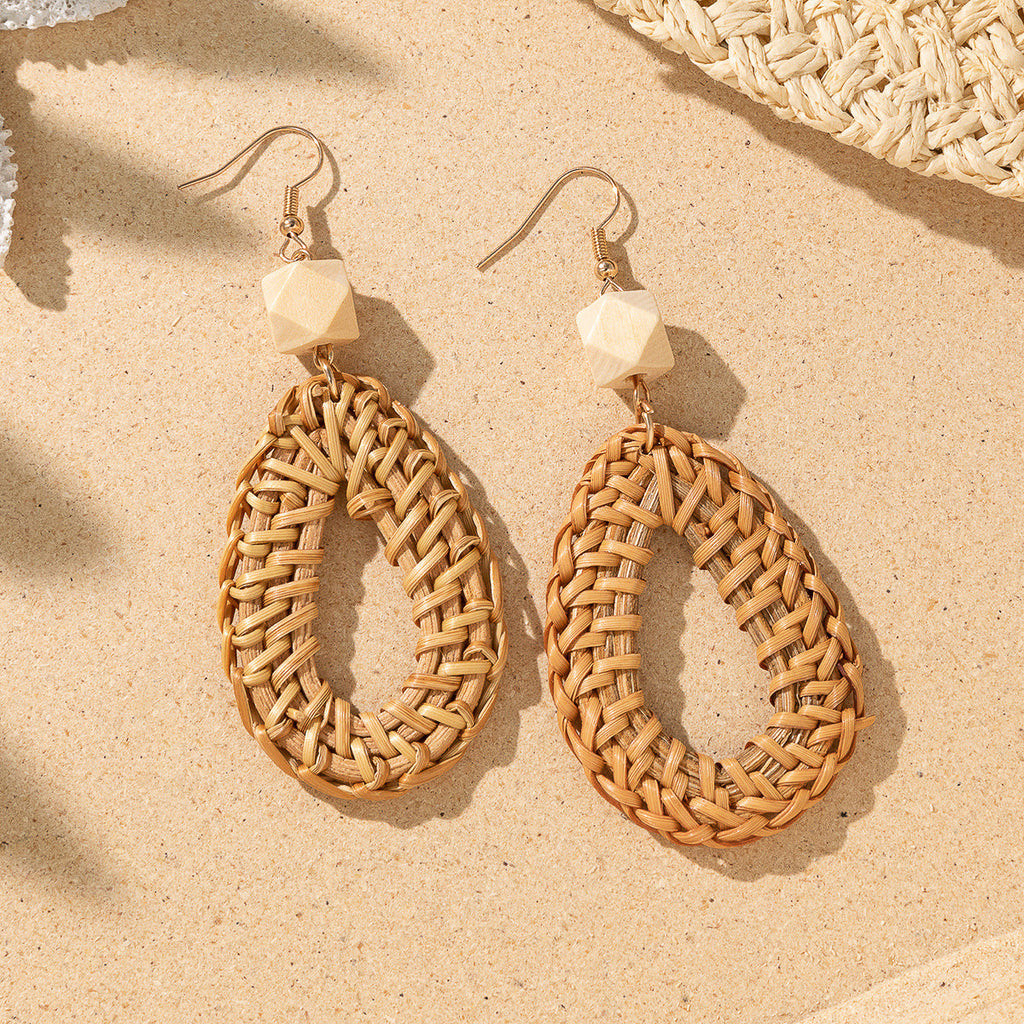 Handwoven Rattan & Wood Drop Earrings