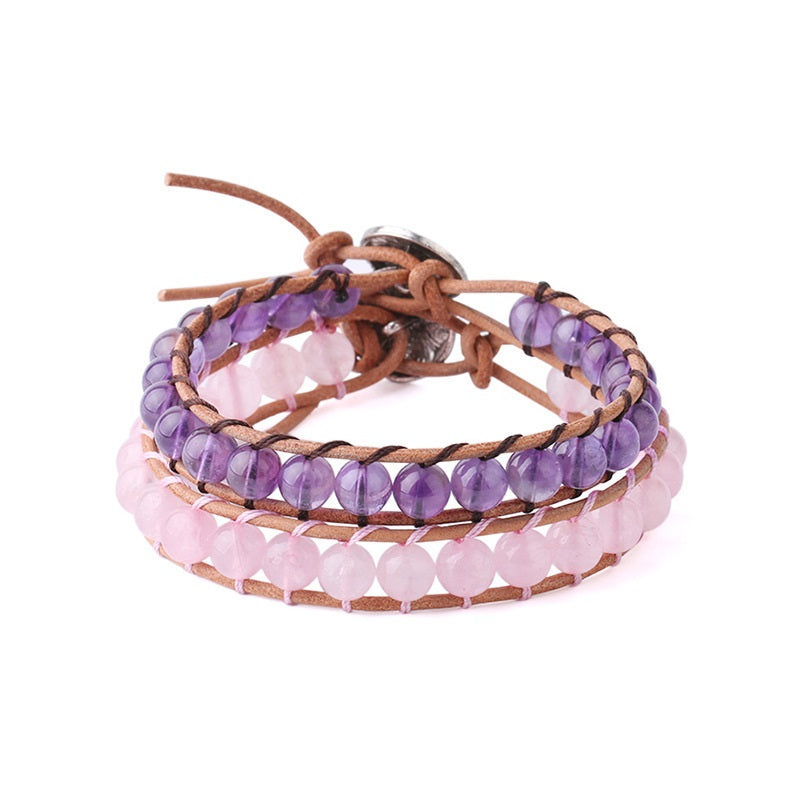 Natural Crystal Beaded Bracelet with Cowhide Rope