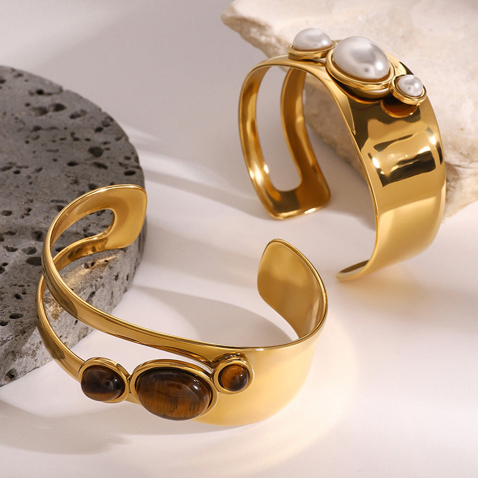 Natural Stone & Pearl Open Bracelet