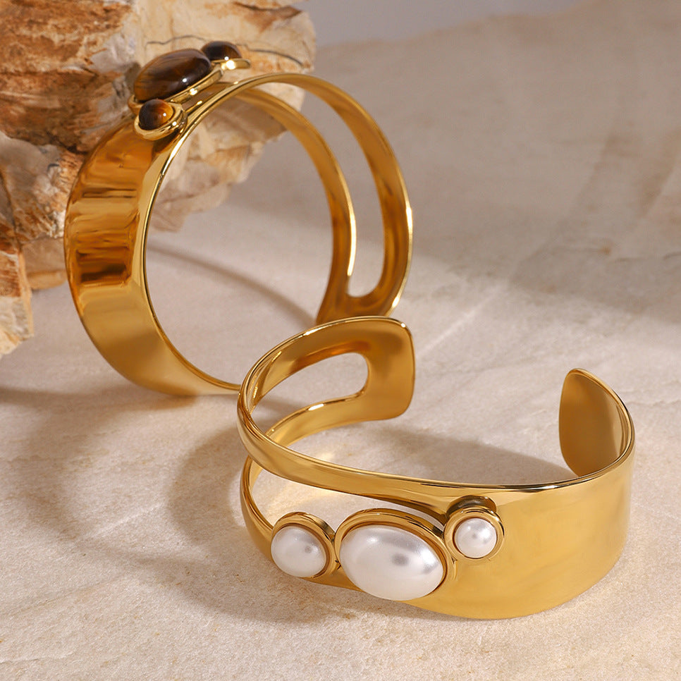 Natural Stone & Pearl Open Bracelet