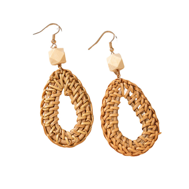 Handwoven Rattan & Wood Drop Earrings