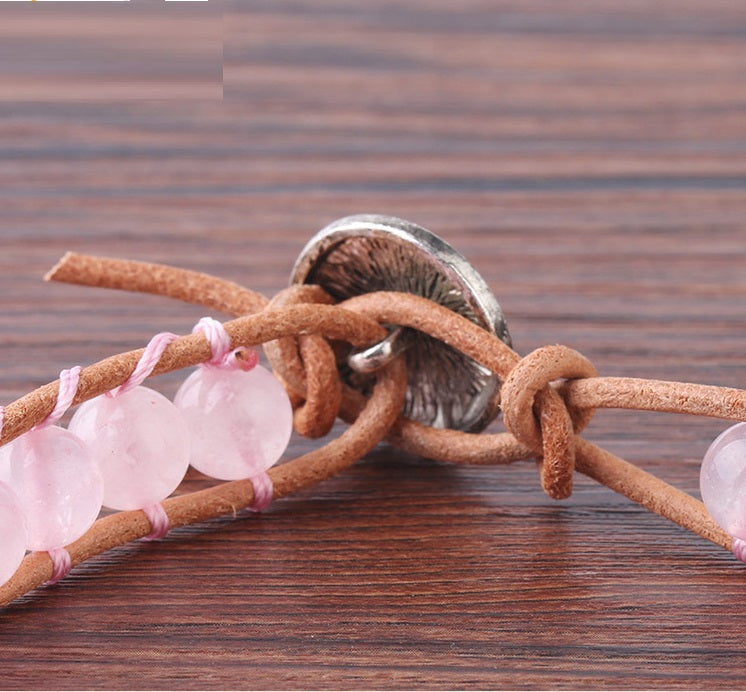 Natural Crystal Beaded Bracelet with Cowhide Rope