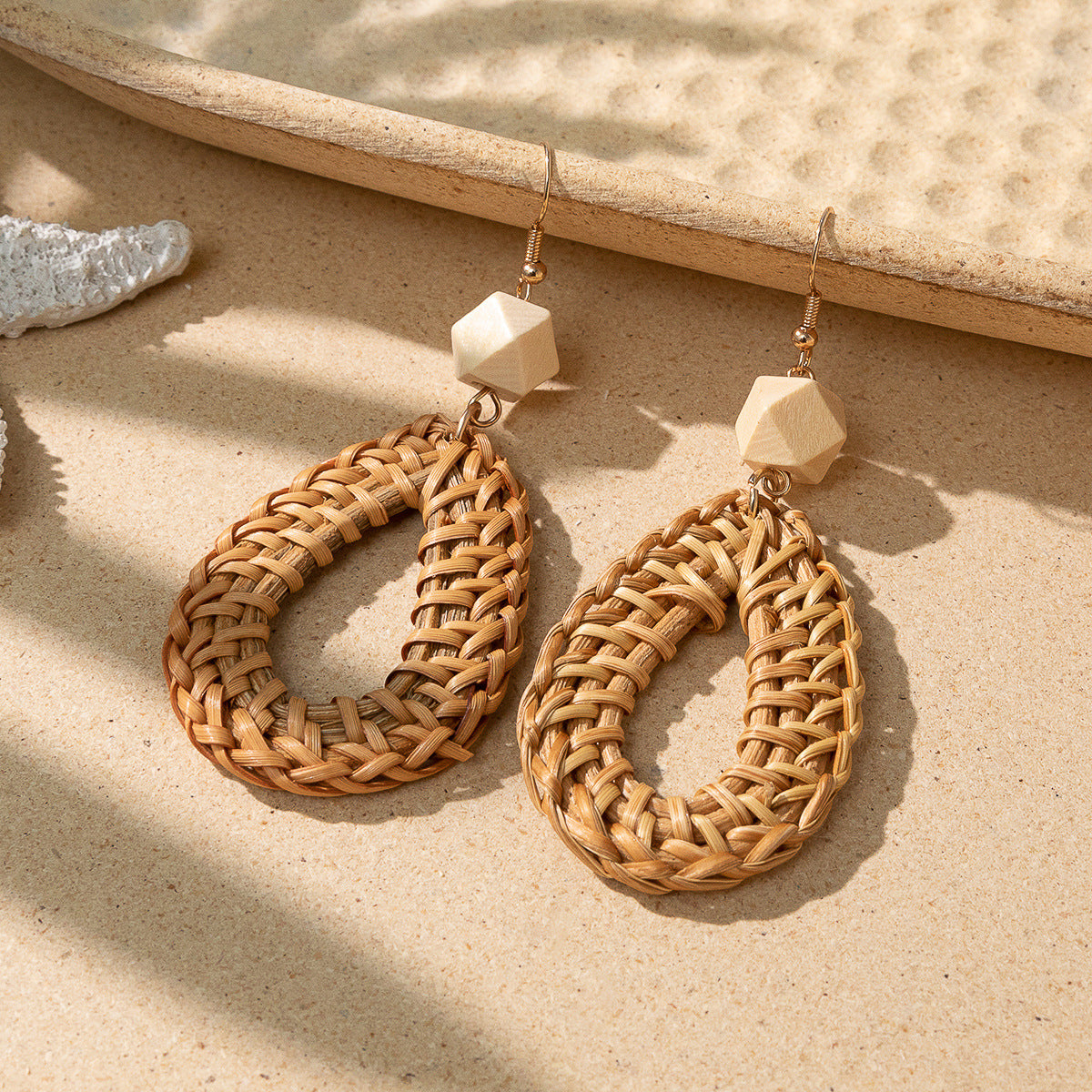 Handwoven Rattan & Wood Drop Earrings