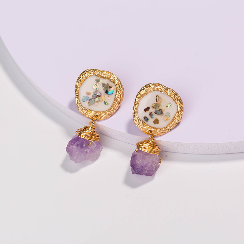 Purple Natural Stone & Crushed Shell Earrings