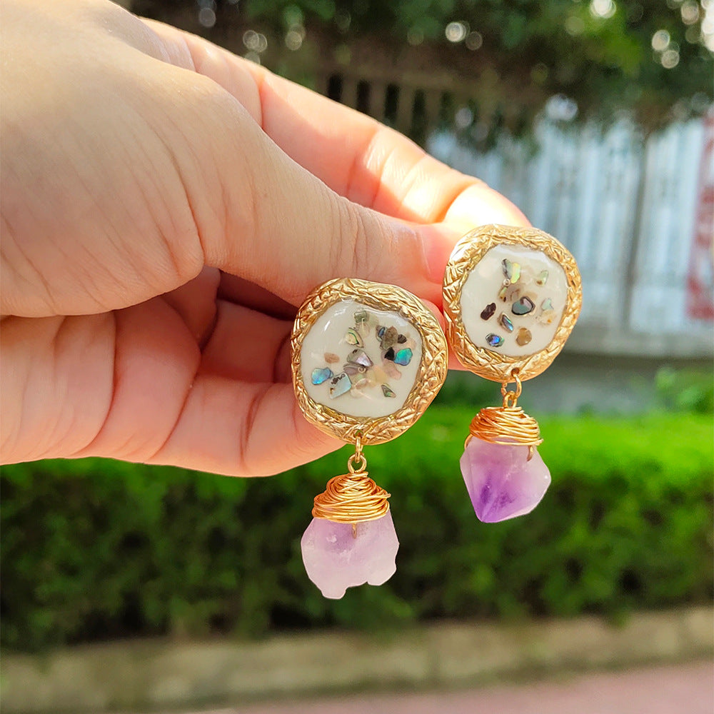Purple Natural Stone & Crushed Shell Earrings